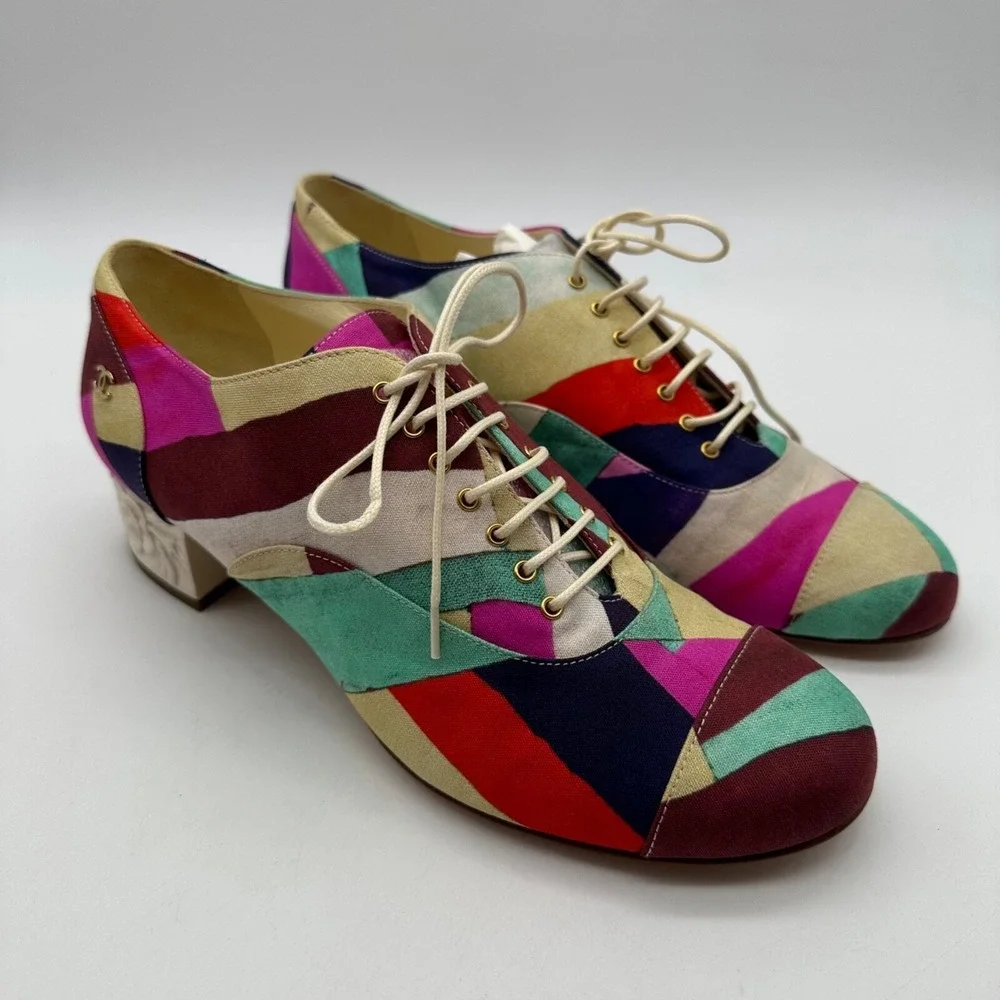 NEW CHANEL‎ BROGUES SHOES CAMELIA G HEELS MULTI COLOR CANVAS G31468 Size 38.5